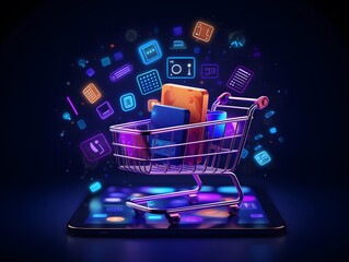 Shopping cart with credit card and tablet on dark background 3D rendering