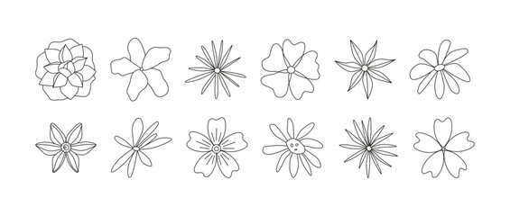 Outline retro flowers. Hand drawn line art. Flower power. Floral summer and spring meadow. Black and white doodles. Editable contour. Coloring book.	
