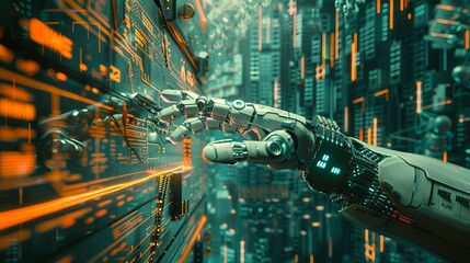 A Sci-Fi robot hand engages with a circuit board through a virtual interface, set against an abstract futuristic background