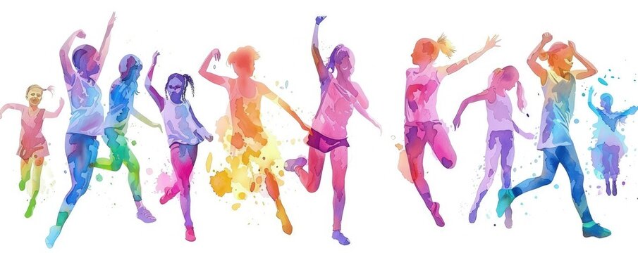 A group of children are running and jumping in a colorful line, Children’s Concept.