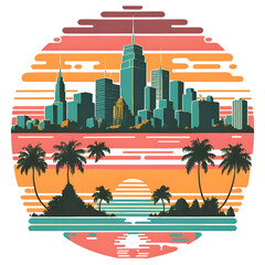 Obraz premium summer vibes fashion T-shirt design for men and women with beach urban landscape and palm tree. 