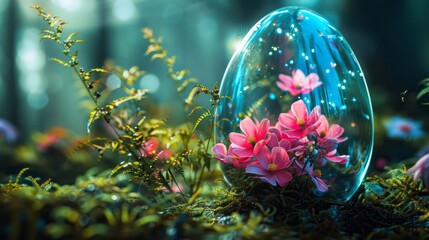 Glass Easter egg with bright flowers inside. Pink flowers and plants in the forest with blue glittering light.