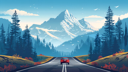 Car Traveling with a Mountain Road at Summer Day, Adventure Journey Through Scenic Landscape, Generative Ai

