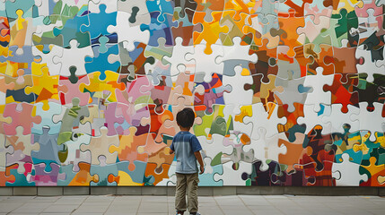 World autism awareness day Captured from behind, a young boy interacts with a giant, colorful puzzle mural, each piece representing various figures and themes