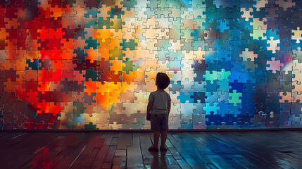 boy stands in awe before a massive, colorful wall made of puzzle pieces symbolizing complexities beauty of perception childhood learning challenges and unique ways in which each person sees the world - Powered by Adobe
