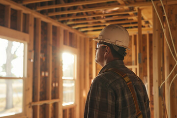 Solemn construction worker gazing upon the framework of a building in progress.