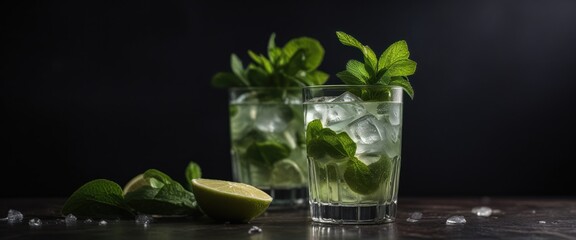 Mojito Drink with Mint Leaves, Black Background