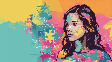 Young woman with piece of puzzle on color background