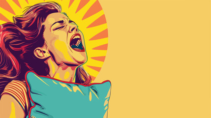 Young woman with pillow yawning on yellow background