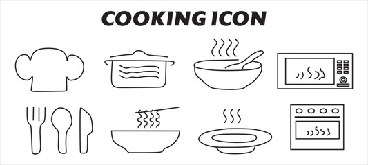 Cooking icons in line style. Frying pan, fork, knife, recipe book, microwave, collection. Vector illustration.
