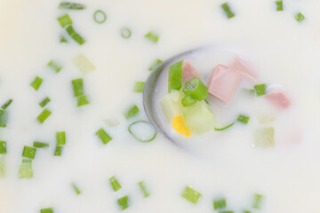 Cold soup on a vegetable basis (Okroshka) before drinking