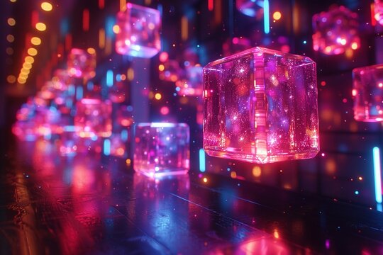 Close-up of a 90s blacklight scene: Glowing cubes, some displaying colored lights, float in mid-air against a dark backdrop. The effect evokes a sense of mystery and wonder.