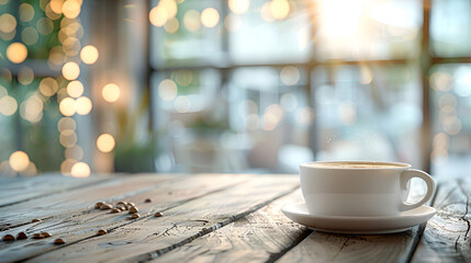 Freshly Brewed Coffee in White Cup on Wooden Table in Cafe with Bokeh Lights, Relaxing Atmosphere for Coffee Break, Generative Ai

