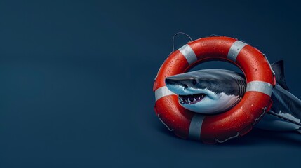An engaging ad showing a shark with a life preserver, isolated on a bright navy blue background, ideal for water safety equipment or services with copy space