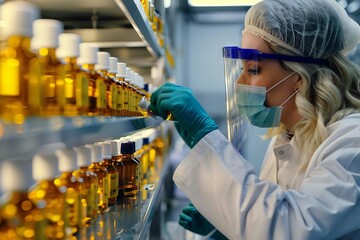 female scientist in protective equipment examining pharmaceutical samples on factory production line