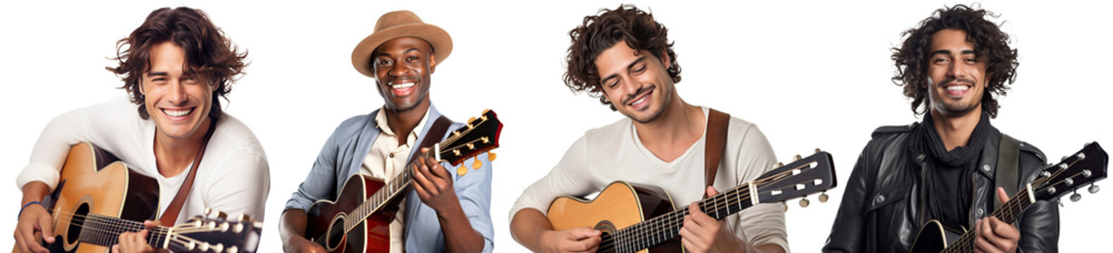 Set of cheerful young men holding and playing acoustic guitars, cut out