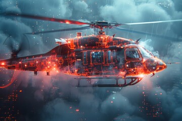 A helicopter is navigating through billowy clouds in the sky - obrazy, fototapety, plakaty