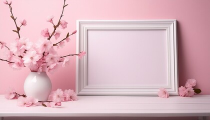 pink flowers in a vase and poster frame ,frame, flower, pink, card, border, floral, illustration, decoration, design