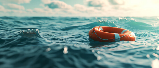 Lifebuoy floating in the sea or ocean. Saving life concept. Summer vacation, journey mockup. Seascape. Generative ai