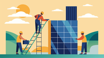 Workers on scaffolding carefully assembling solar panel arrays on the side of a tall industrial building.. Vector illustration