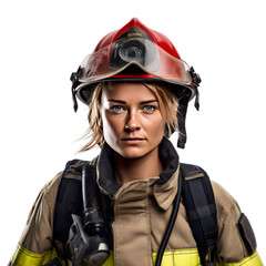 Female firefighter with helm and uniform looking at camera. Portrait of strong and serious firewoman isolated on transparent background, PNG file.
