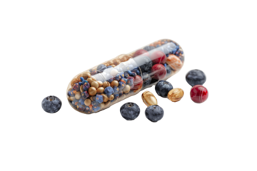vitamin supplement with various healthy ingredients such as berries, leafy greens and legumes, on a clean white background.