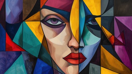 Abstract image of female human face looking at camera in cubism style. Portrait artistic image of beautiful cute woman with red lip with colorful color. Digital artwork concept. Focus on face. AIG42.