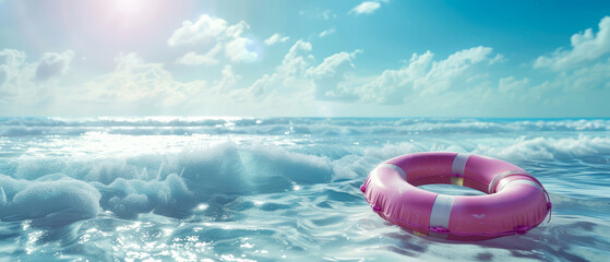 Pink lifebuoy floating in the sea or ocean. Saving life concept. Summer vacation, journey mockup. Seascape. Generative ai