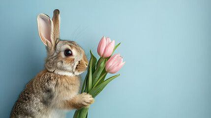 Cute Bunny Holds Out a Pastel Tulips Bouquet Isolated on White Background, Adorable Easter Bunny with Spring Flowers, Generative Ai

