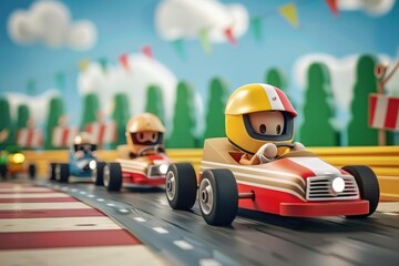 A cartoon race with a man in a yellow helmet driving a red and white car, Children’s Concept.