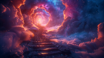 A staircase leading into a tunnel of swirling colors, surreal dream wallpaper