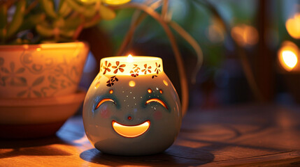 A delightful candle holder with a whimsical expression, casting a warm glow in the room. - Powered by Adobe