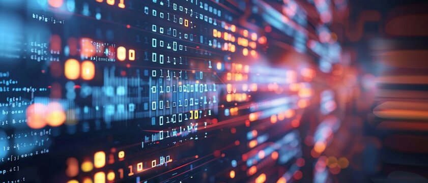 Binary code with colorful lights in the background.