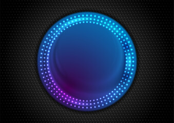 Black perforated background with blue purple glowing neon circle frame. Technology vector futuristic design