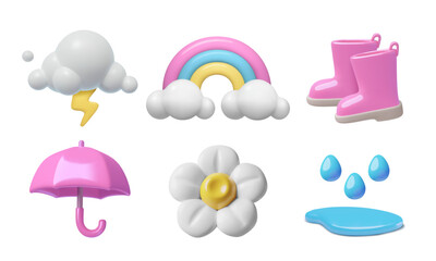 Pink 3D boots and umbrella rainy weather vector emoji set. Three dimensional cute baby girl toy spring and summer objects collection on white background.