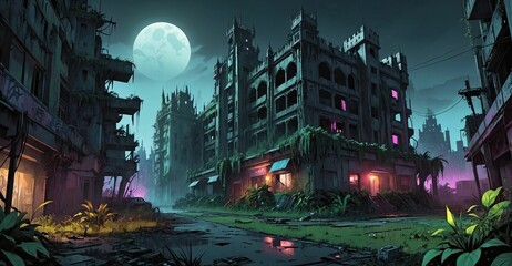 Gothic cyberpunk lo-fi dystopia city and castle. Dark goth post apocalyptic overgrowth cityscape atmosphere with palace at night with fog and haze sky.