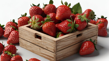 Wooden box full of leftover strawberries Hyper realistic Highly Detailed Isolated On white Background. generated by AI