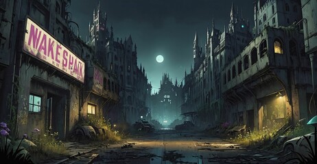 Gothic cyberpunk lo-fi dystopia city and castle. Dark goth post apocalyptic overgrowth cityscape...