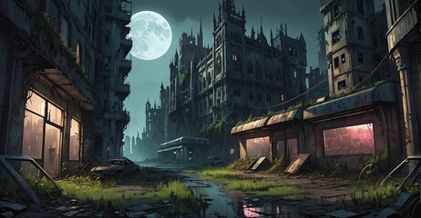 Gothic cyberpunk lo-fi dystopia city and castle. Dark goth post apocalyptic overgrowth cityscape atmosphere with palace at night with fog and haze sky.