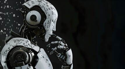 Fototapeta premium Futuristic AI Robot with Intricate Design Pondering Existence. Conceptual, Perfect for Technology Background. Modern, Creative, Mysterious. AI