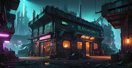 Fototapeta na wymiar Dystopian cyberpunk gothic sci-fi blacksmith forge shop in futuristic city. Overgrowth on shop building exterior at night.