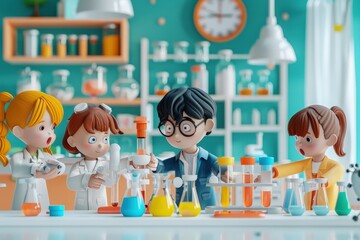 A group of cartoon characters are in a lab, with one of them holding a beaker, Children’s Concept.