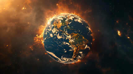 Earth on Fire: Planet Earth Engulfed by Fiery Flames in Space, Catastrophic Global Warming Concept, Generative Ai

