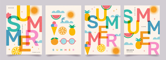 Creative concept of summer bright posters set. Modern abstract design with typography, geometric summer fruits, shapes with overlay effect. Template for branding, ads, banner, cover, card, sales.