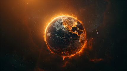 Earth on Fire: Planet Earth Engulfed by Fiery Flames in Space, Catastrophic Global Warming Concept, Generative Ai

