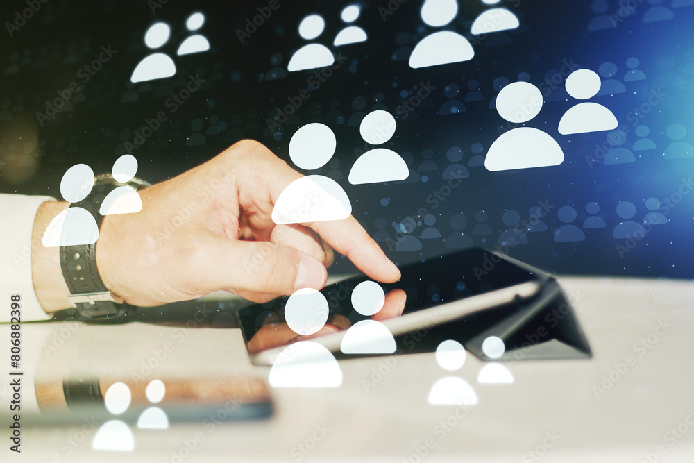 Poster double exposure of social network icons concept and hand working with a digital tablet on background