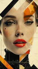 Artistic modernist collage presenting a stylish woman with striking makeup and vibrant red lipstick, embodying fashion, elegance, and glamour in a unique conceptual art piece