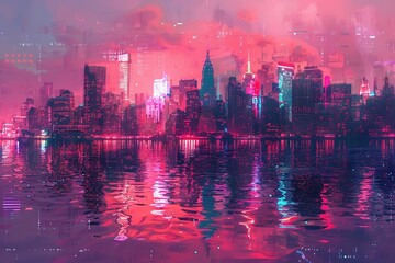 Obraz premium Glitched cityscape reimagined as neon-hued pixel art, showcasing a warped digital aesthetic.