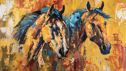 Breathtaking Abstract Oil Painting: A Symphony of Golden Horses and Vibrant Strokes in a Modern Art...