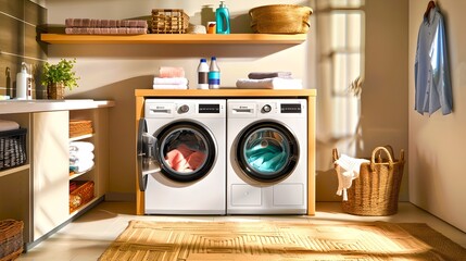 Sunny laundry room with modern appliances, interior design concept. Tidy and cozy home space with natural light. Comfortable household lifestyle in urban settings. AI